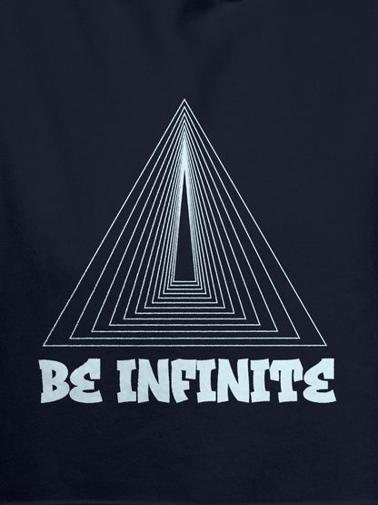 Close up of 'Be Infinite' design on Men's Navy Blue Hoodie Sweatshirt, highlighting intricate details and vibrant print.