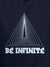Close up of 'Be Infinite' design on Men's Navy Blue Hoodie Sweatshirt, highlighting intricate details and vibrant print.