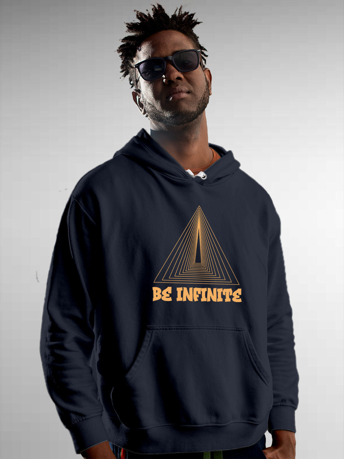 Model wearing Men's Navy Blue Hoodie Sweatshirt with 'Be Infinite' design, offering effortless style and premium comfort