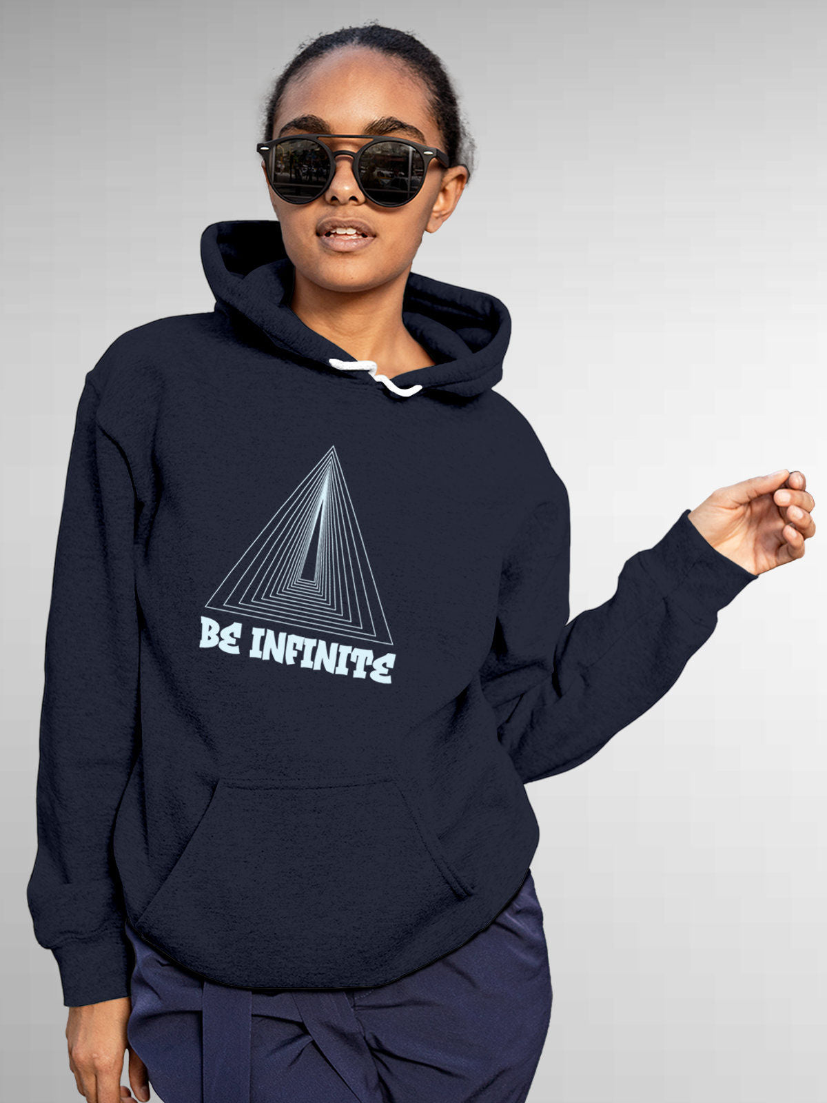 Model wearing Women's Navy Blue Hoodie Sweatshirt with 'Be Infinite' design, offering effortless style and premium comfort