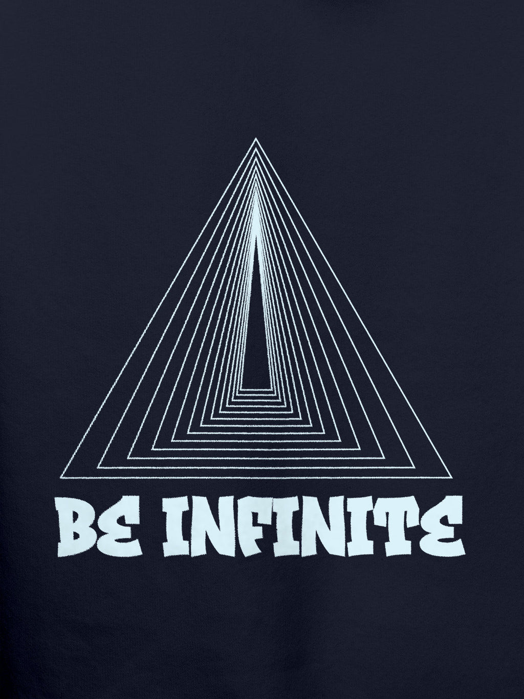 Close up of 'Be Infinite' design on Women's Navy Blue Hoodie Sweatshirt, highlighting intricate details and vibrant print.