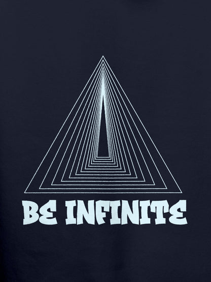Close up of 'Be Infinite' design on Women's Navy Blue Hoodie Sweatshirt, highlighting intricate details and vibrant print.