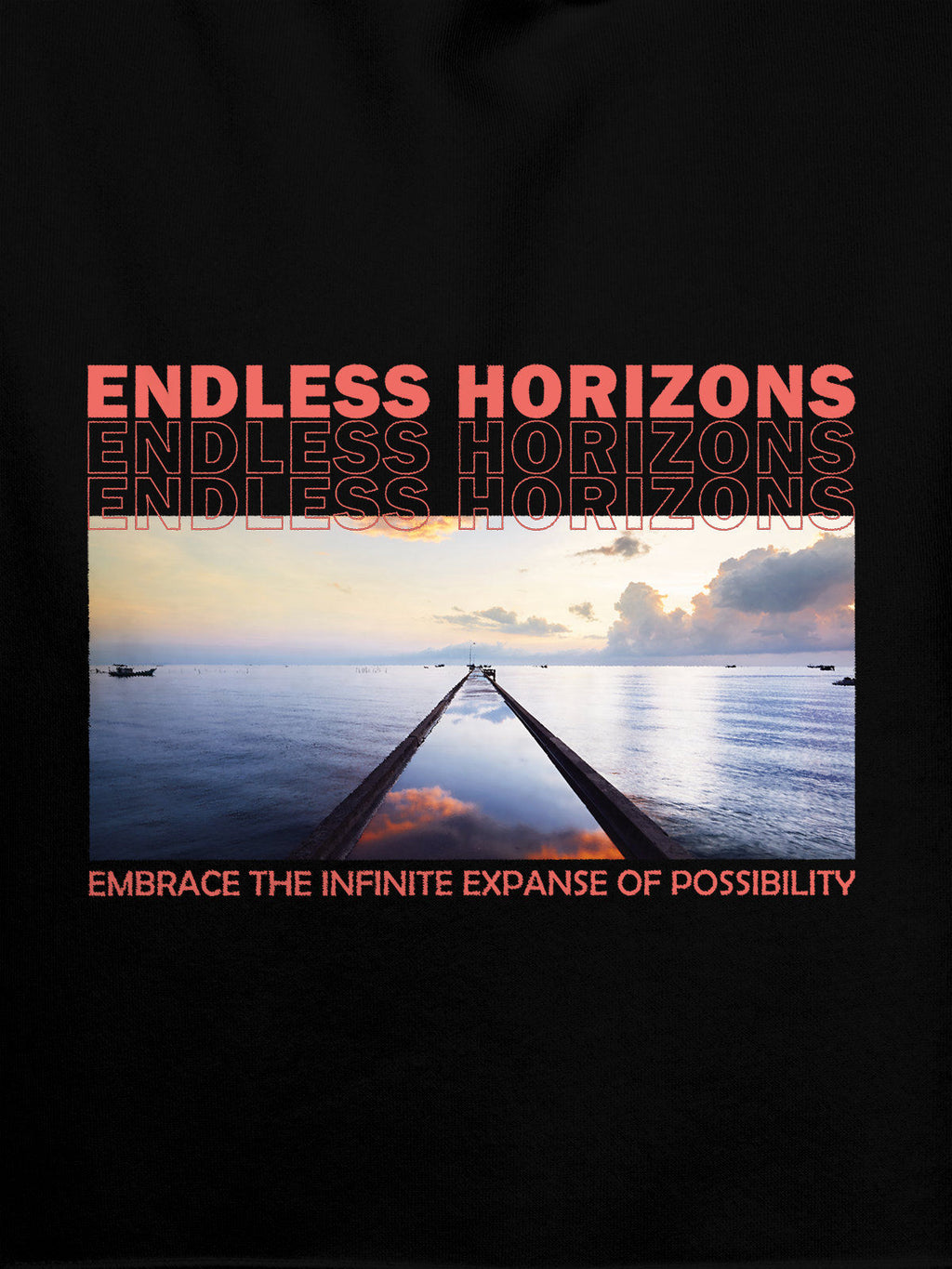 Close up of 'Endless Horizons' design on Men's Black Hoodie Sweatshirt, highlighting intricate details and vibrant print.