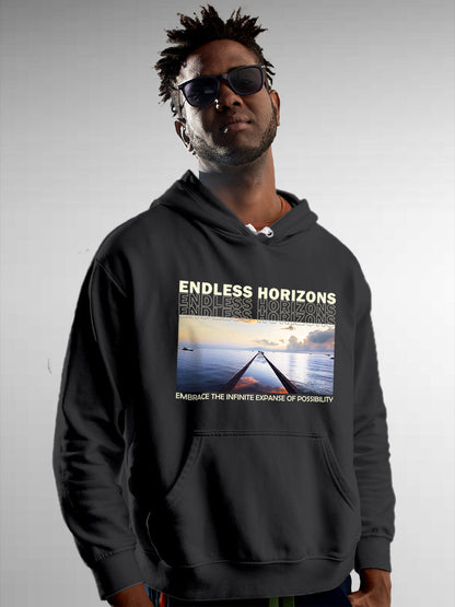 Model wearing Men's Dark Grey Hoodie Sweatshirt with 'Endless Horizons' design, offering effortless style and premium comfort