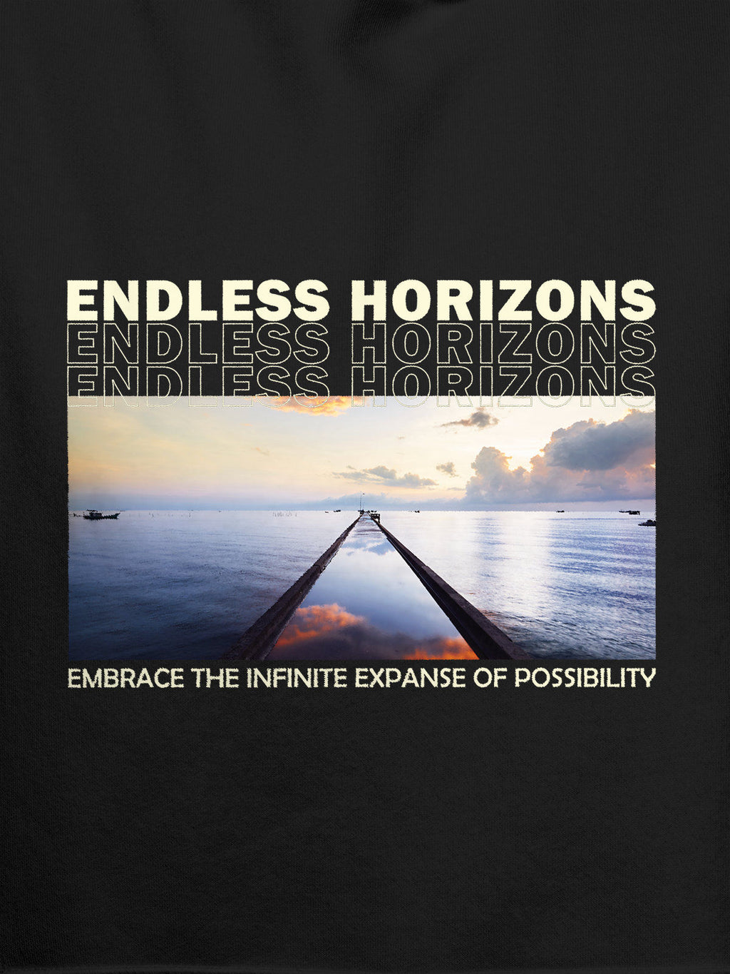 Close up of 'Endless Horizons' design on Men's Dark Grey Hoodie Sweatshirt, highlighting intricate details and vibrant print.