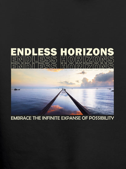 Close up of 'Endless Horizons' design on Women's Dark Grey Hoodie Sweatshirt, highlighting intricate details and vibrant print.