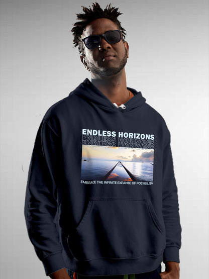 Model wearing Men's Navy Blue Hoodie Sweatshirt with 'Endless Horizons' design, offering effortless style and premium comfort