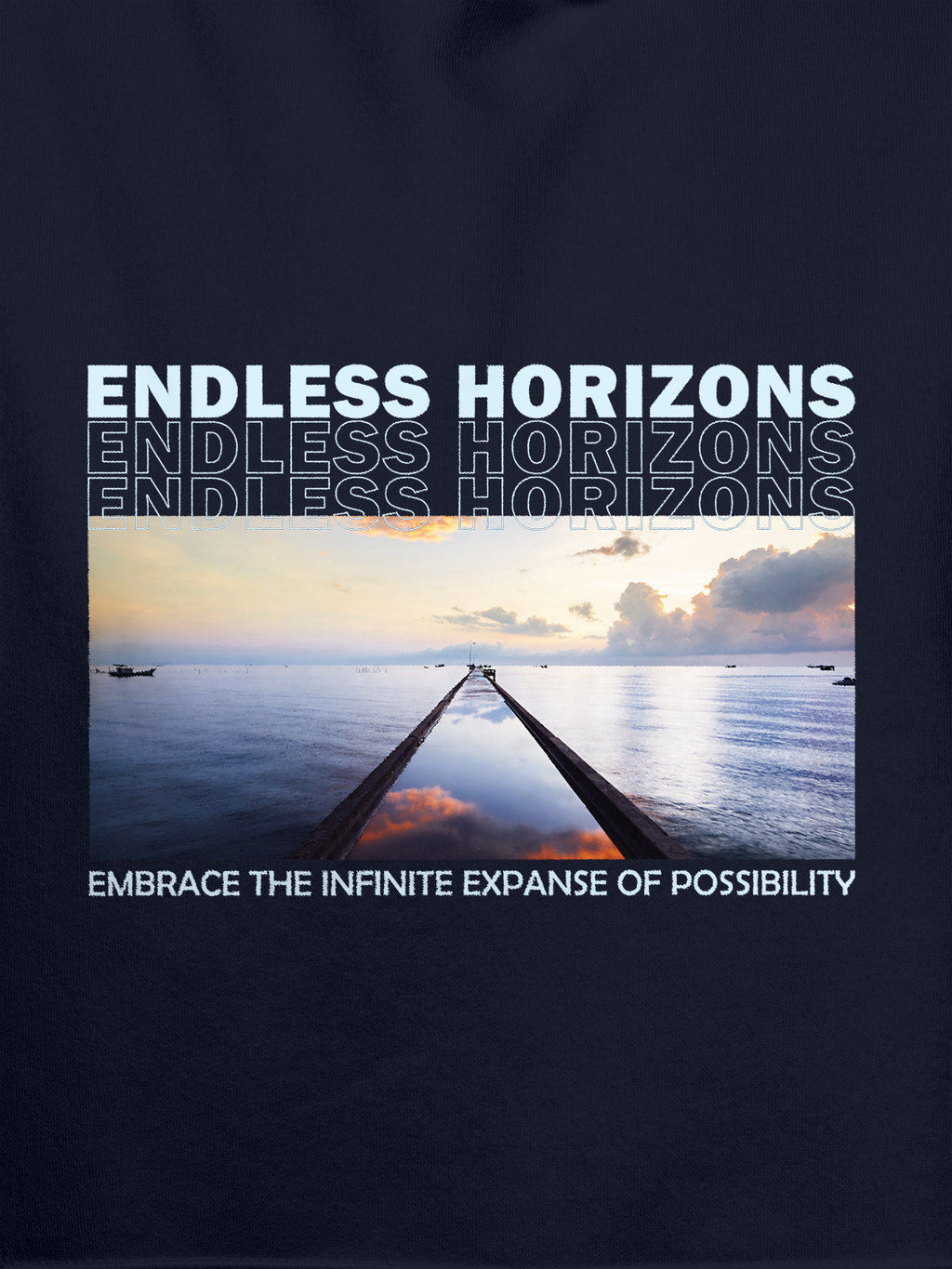 Close up of 'Endless Horizons' design on Men's Navy Blue Hoodie Sweatshirt, highlighting intricate details and vibrant print.
