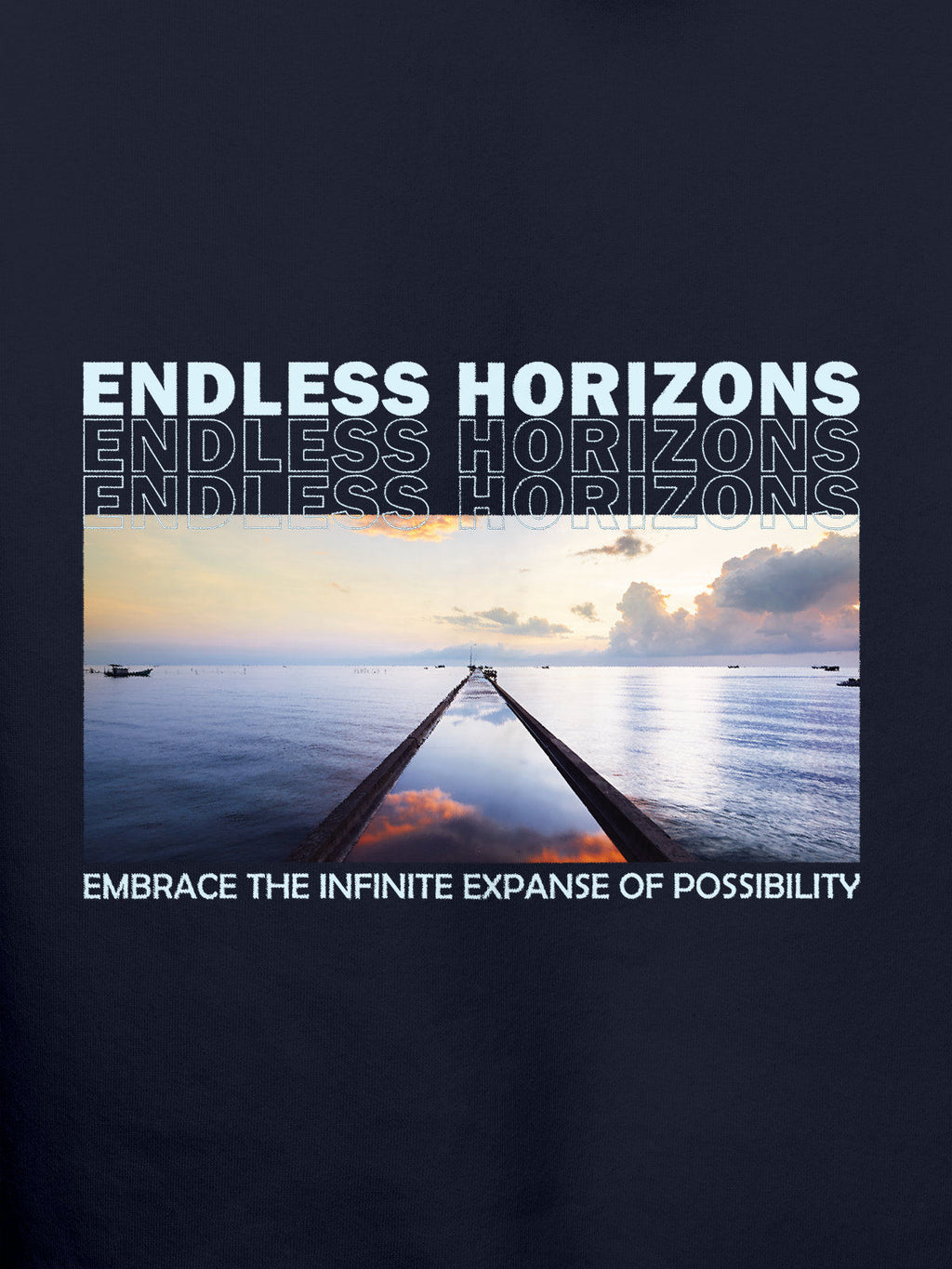 Close up of 'Endless Horizons' design on Women's Navy Blue Hoodie Sweatshirt, highlighting intricate details and vibrant print.