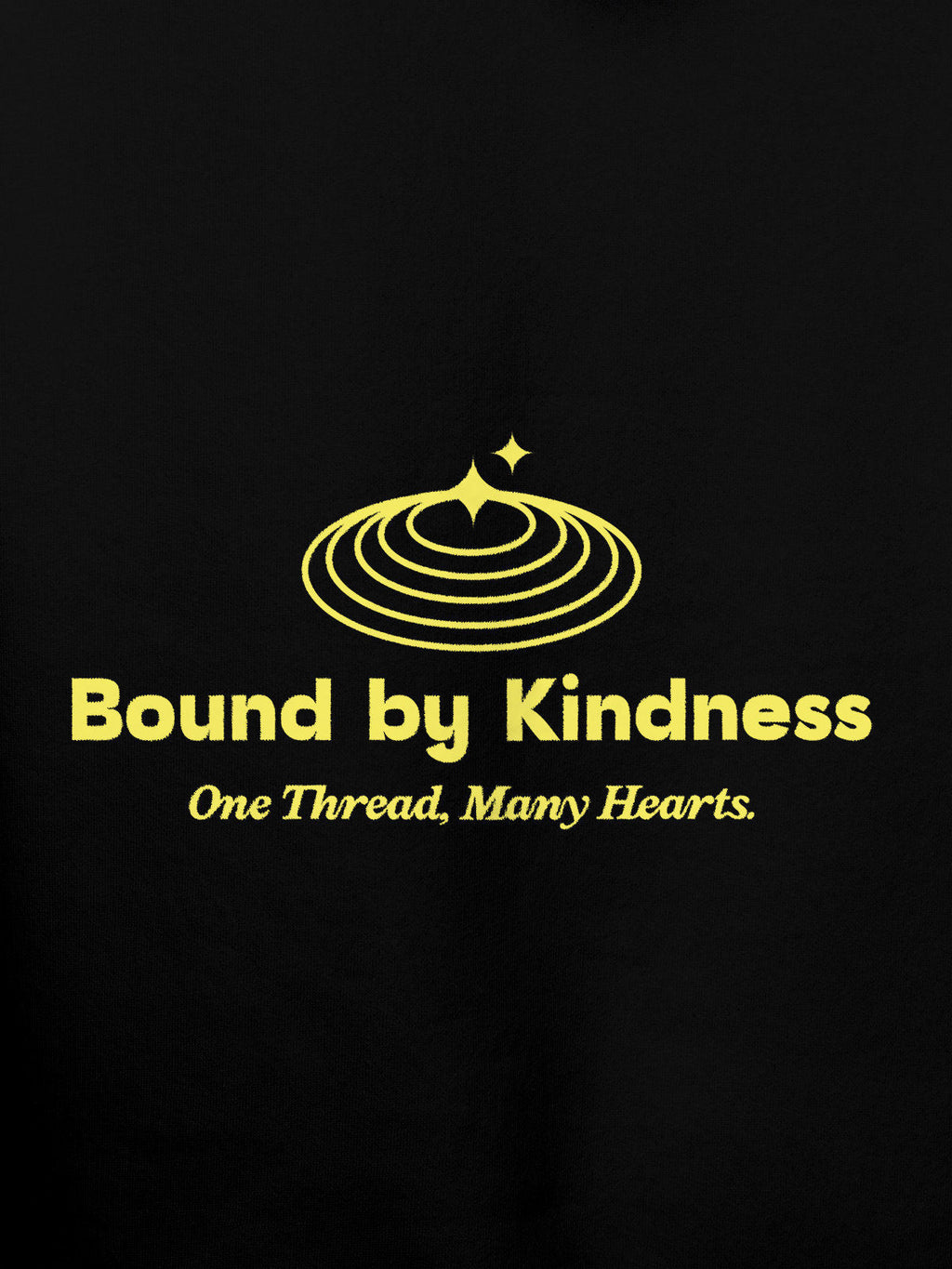Close up of 'Bound By Kindness' design on Men's Black Hoodie Sweatshirt, highlighting intricate details and vibrant print.