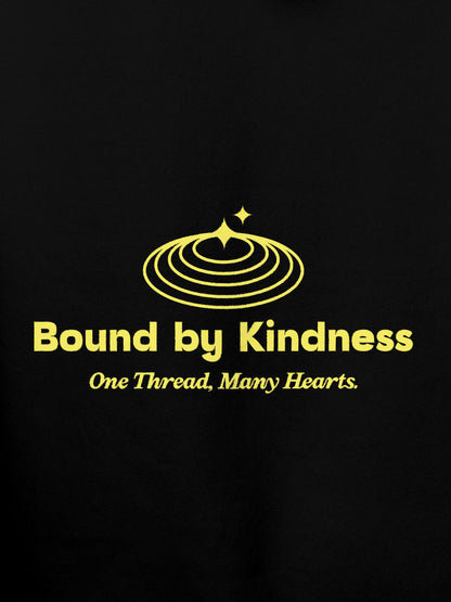 Close up of 'Bound By Kindness' design on Men's Black Hoodie Sweatshirt, highlighting intricate details and vibrant print.
