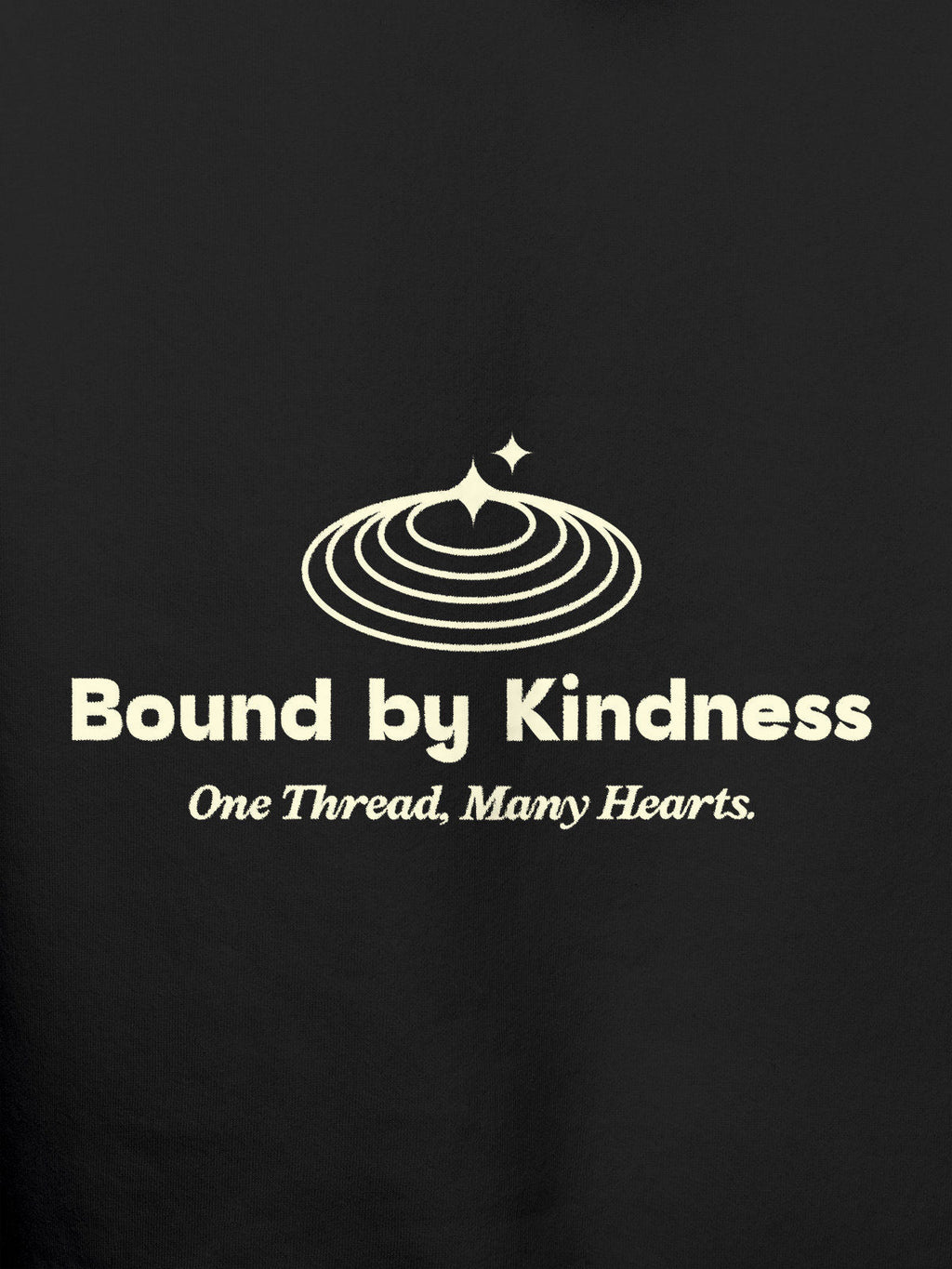 Close up of 'Bound By Kindness' design on Men's Dark Grey Hoodie Sweatshirt, highlighting intricate details and vibrant print.