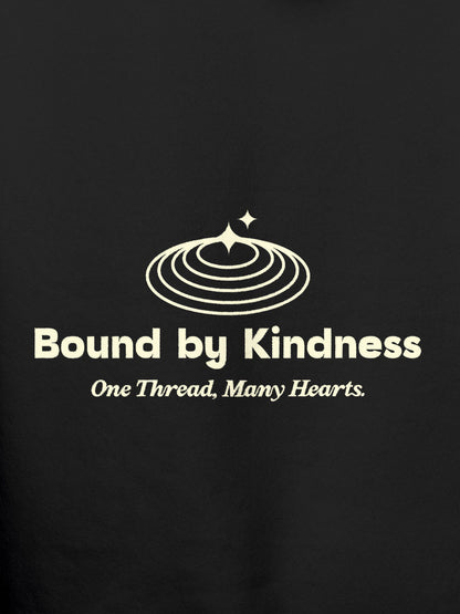 Close up of 'Bound By Kindness' design on Men's Dark Grey Hoodie Sweatshirt, highlighting intricate details and vibrant print.