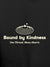 Close up of 'Bound By Kindness' design on Men's Dark Grey Hoodie Sweatshirt, highlighting intricate details and vibrant print.