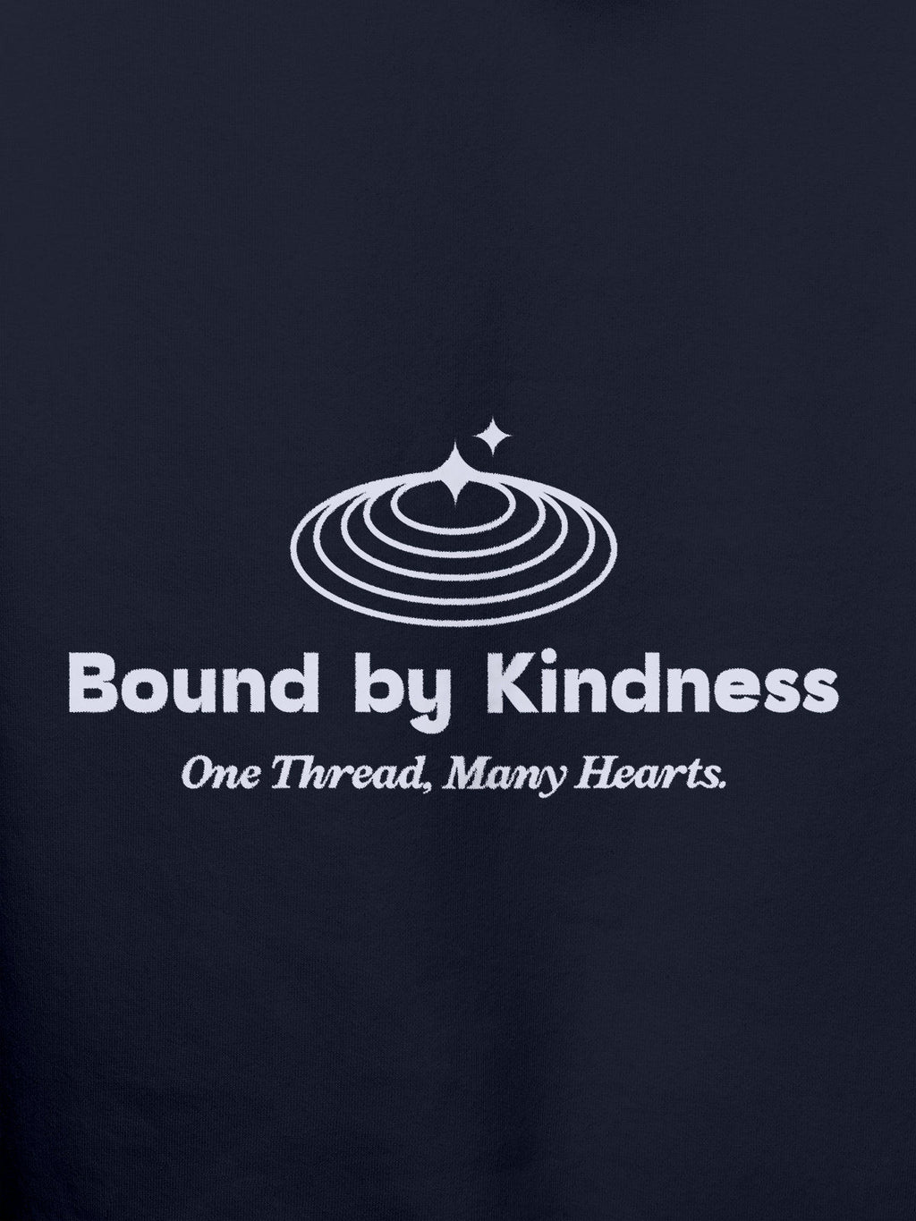Close up of 'Bound By Kindness' design on Men's Navy Blue Hoodie Sweatshirt, highlighting intricate details and vibrant print.