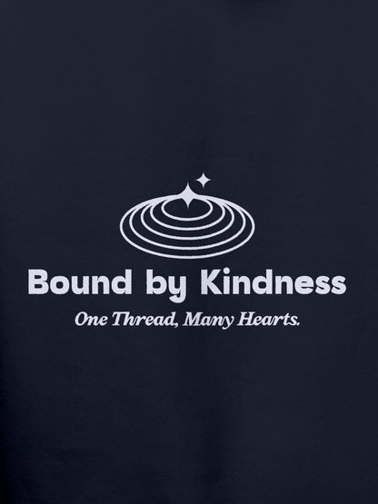 Close up of 'Bound By Kindness' design on Men's Navy Blue Hoodie Sweatshirt, highlighting intricate details and vibrant print.