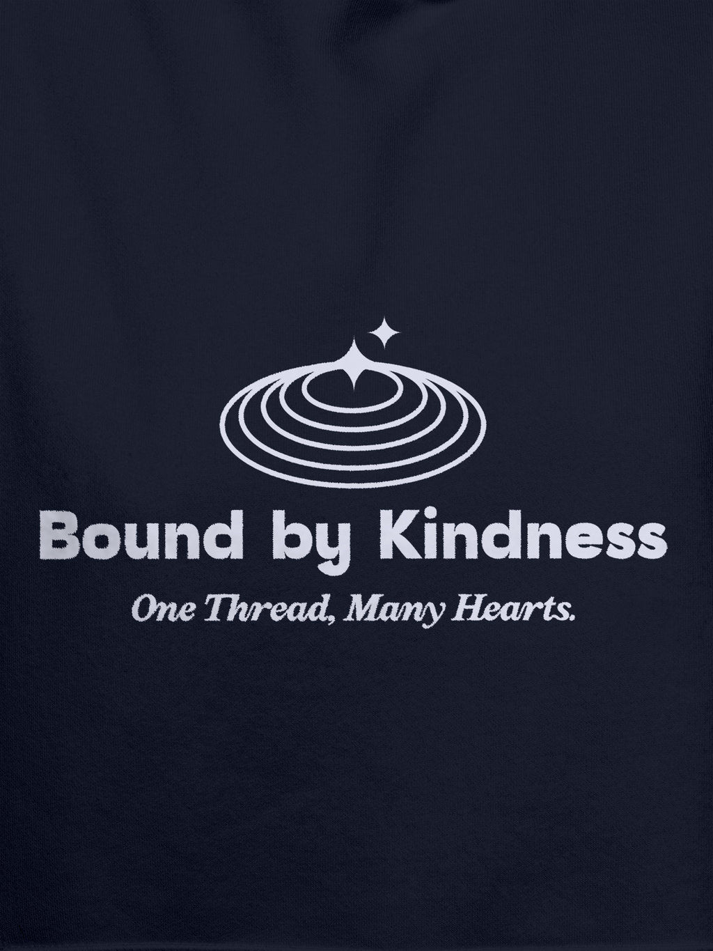 Close up of 'Bound By Kindness' design on Women's Navy Blue Hoodie Sweatshirt, highlighting intricate details and vibrant print.