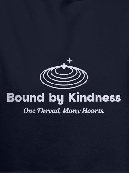 Close up of 'Bound By Kindness' design on Women's Navy Blue Hoodie Sweatshirt, highlighting intricate details and vibrant print.
