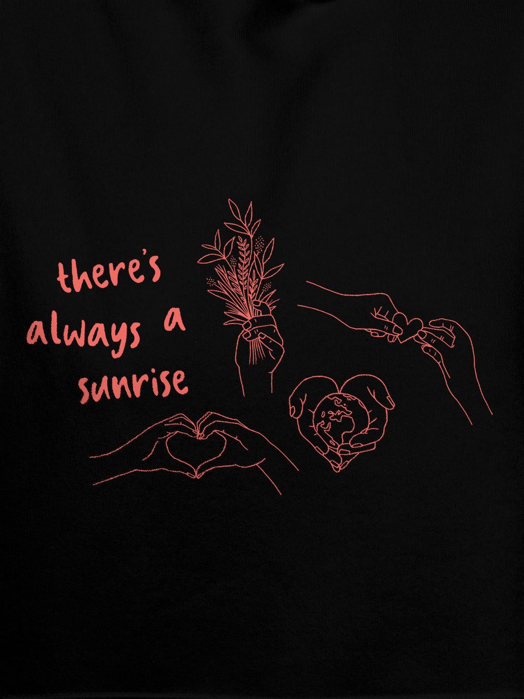 Close up of 'There's Always a Sunrise' design on Men's Black Hoodie Sweatshirt, highlighting intricate details and vibrant print.