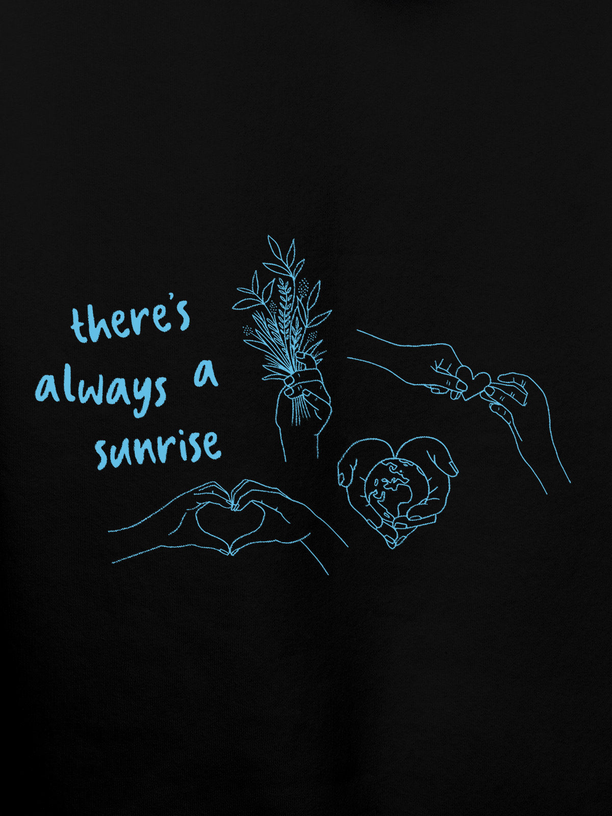Close up of 'There's Always a Sunrise' design on Women's Black Hoodie Sweatshirt, highlighting intricate details and vibrant print.