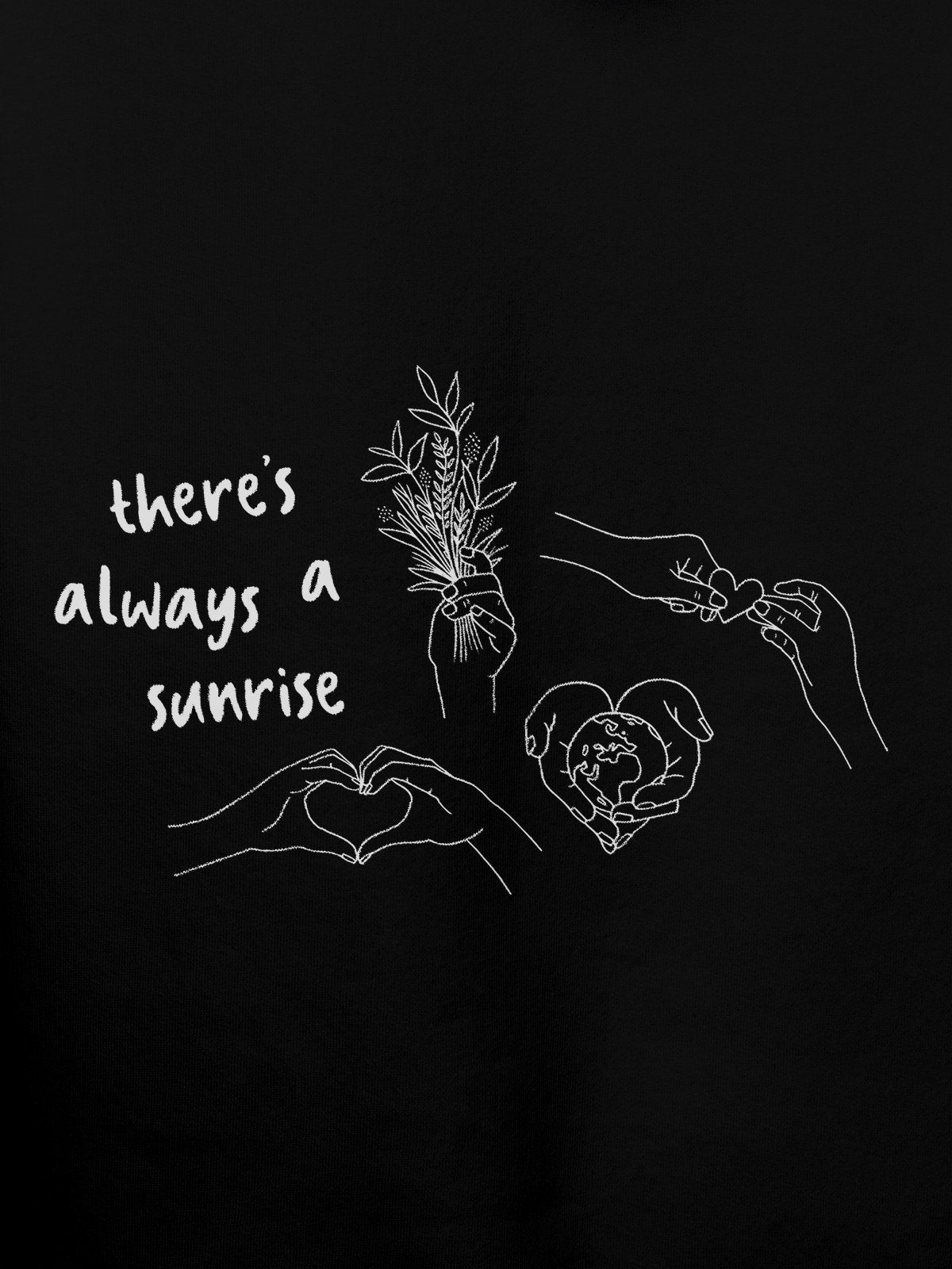 Close up of 'There's Always a Sunrise' design on Women's Black Hoodie Sweatshirt, highlighting intricate details and vibrant print.