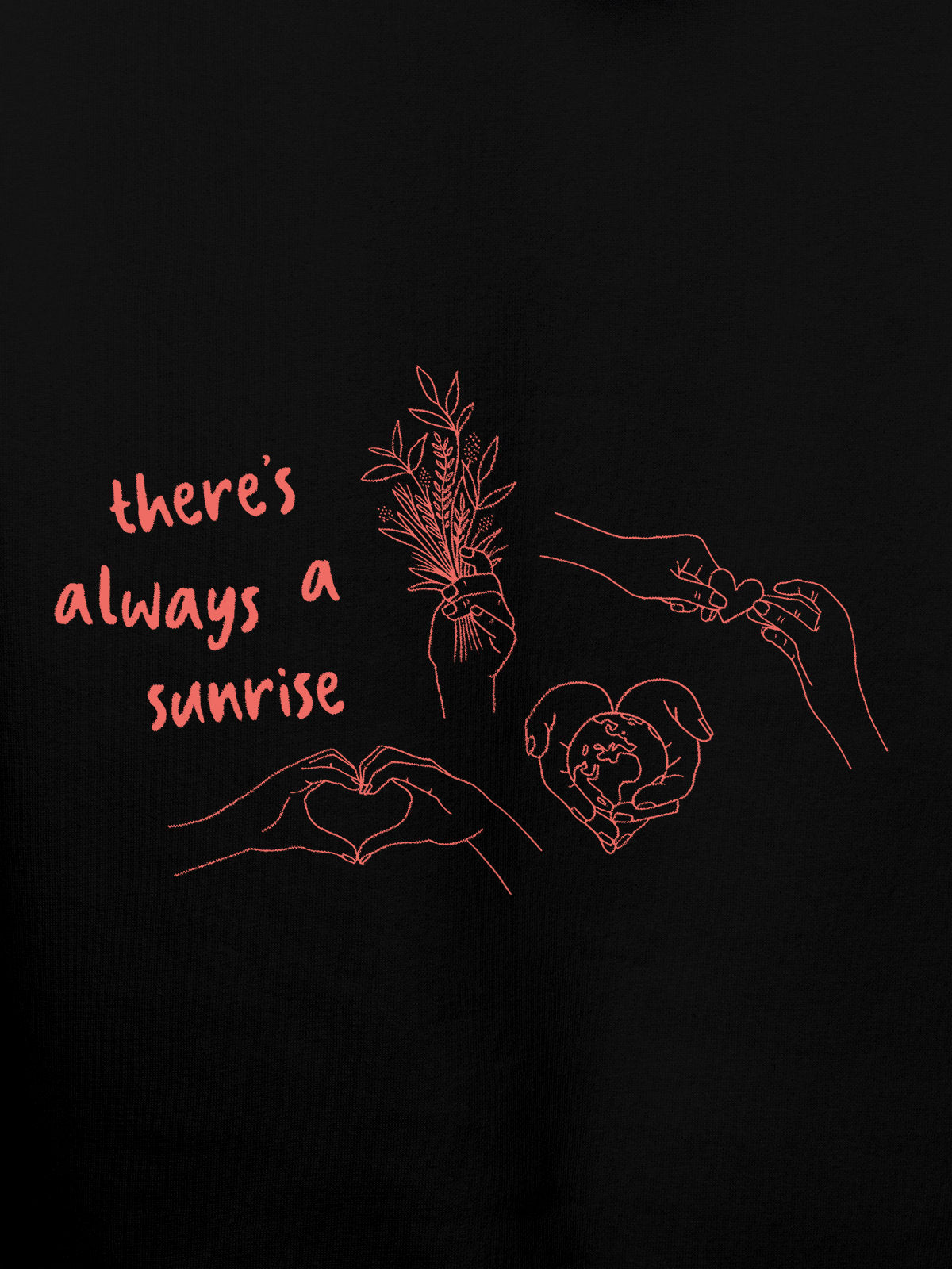 Close up of 'There's Always a Sunrise' design on Women's Black Hoodie Sweatshirt, highlighting intricate details and vibrant print.