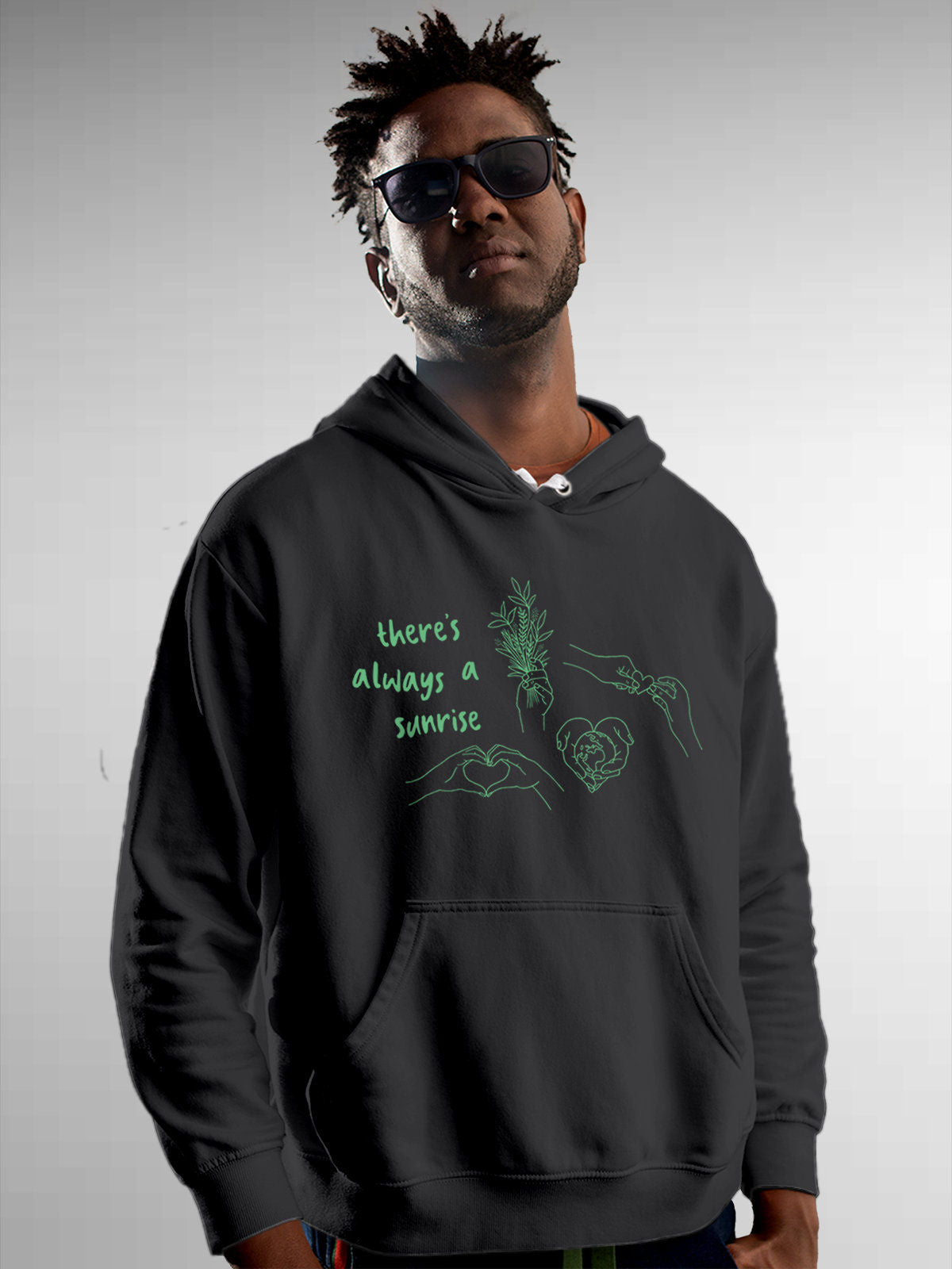 Model wearing Men's Dark Grey Hoodie Sweatshirt with 'There's Always a Sunrise' design, offering effortless style and premium comfort