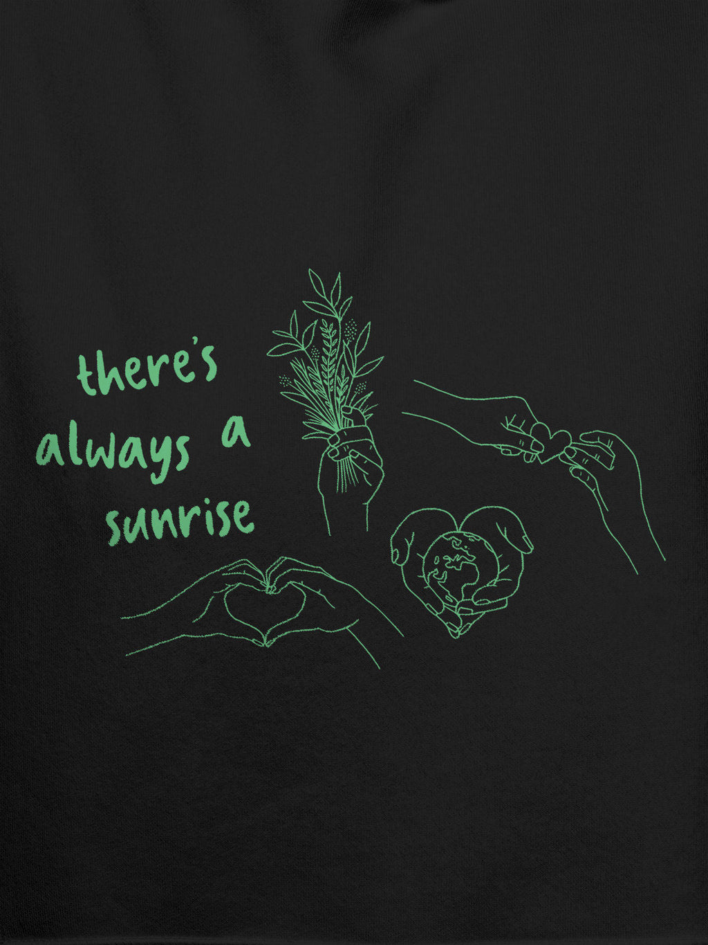 Close up of 'There's Always a Sunrise' design on Men's Dark Grey Hoodie Sweatshirt, highlighting intricate details and vibrant print.