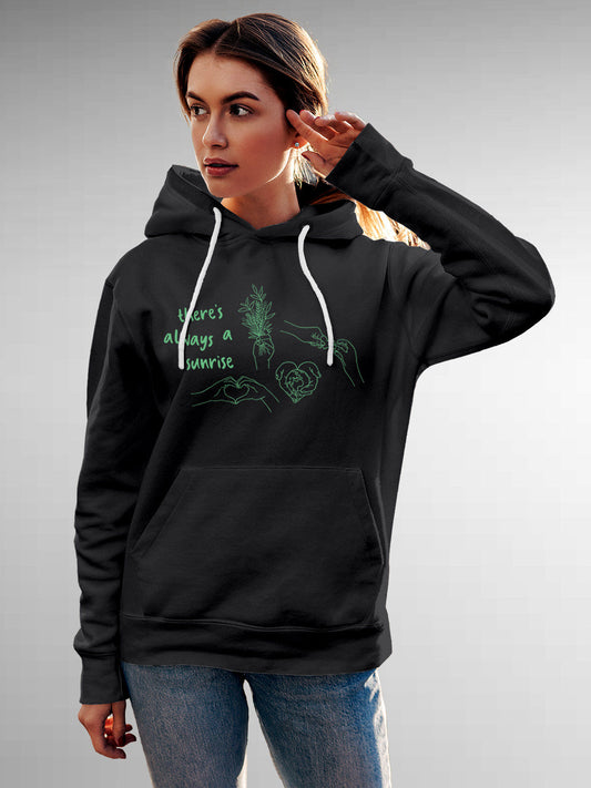 Model wearing Women's Dark Grey Hoodie Sweatshirt with 'There's Always a Sunrise' design, offering effortless style and premium comfort