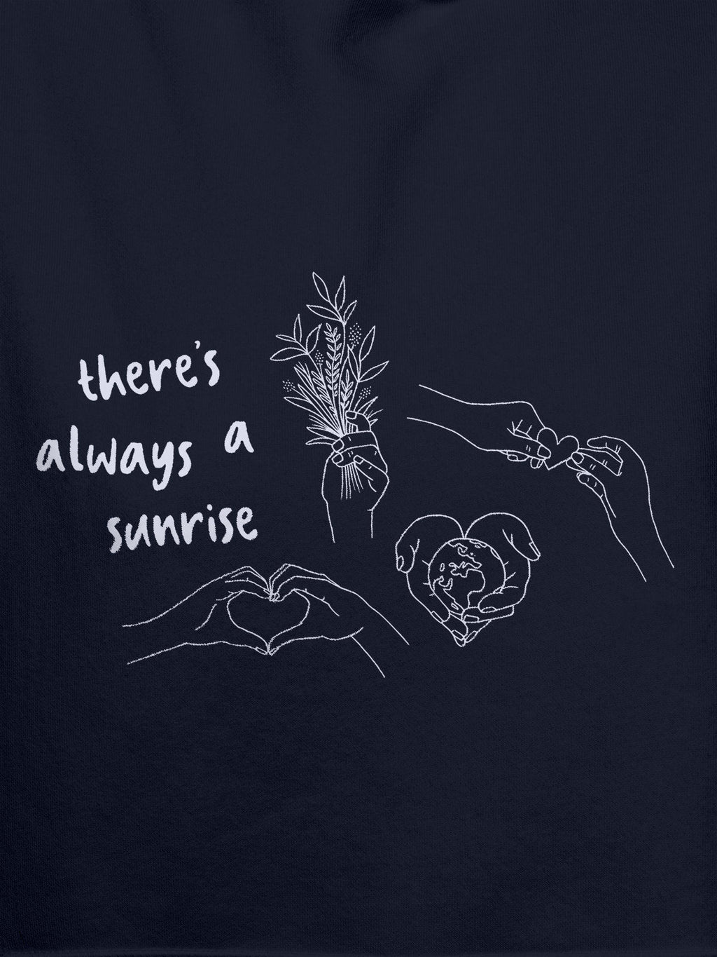 Close up of 'There's Always a Sunrise' design on Men's Navy Blue Hoodie Sweatshirt, highlighting intricate details and vibrant print.