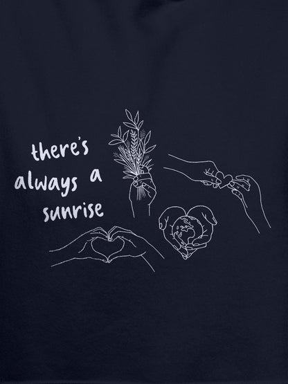 Close up of 'There's Always a Sunrise' design on Men's Navy Blue Hoodie Sweatshirt, highlighting intricate details and vibrant print.