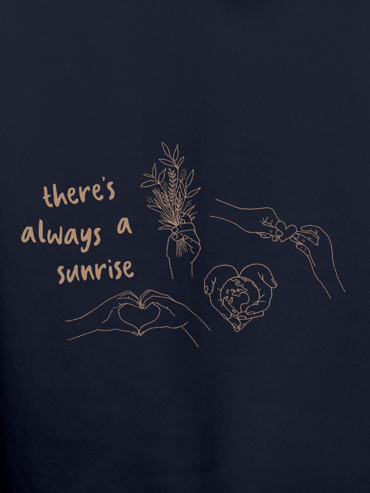 Close up of 'There's Always a Sunrise' design on Women's Navy Blue Hoodie Sweatshirt, highlighting intricate details and vibrant print.
