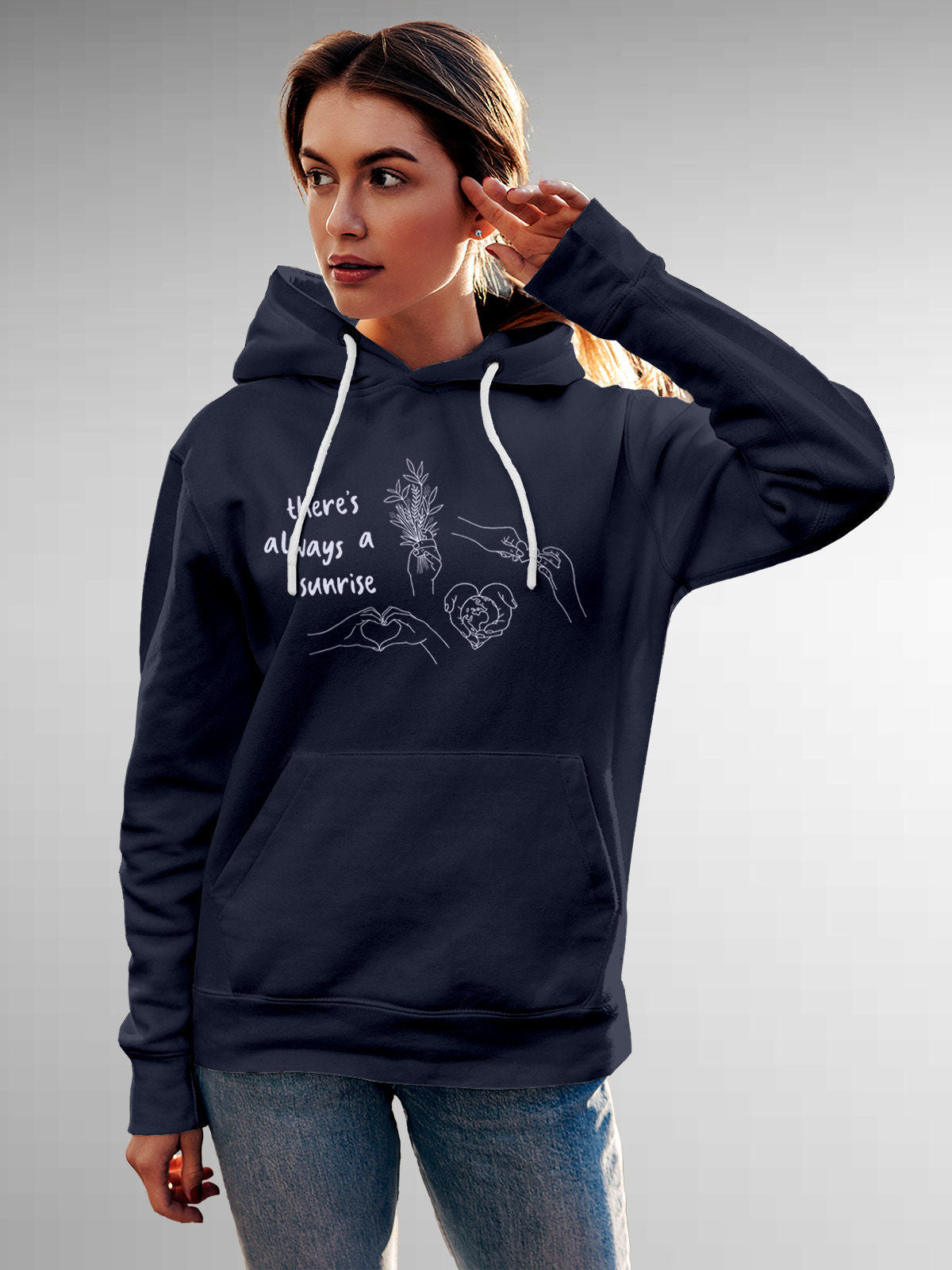 Model wearing Women's Navy Blue Hoodie Sweatshirt with 'There's Always a Sunrise' design, offering effortless style and premium comfort