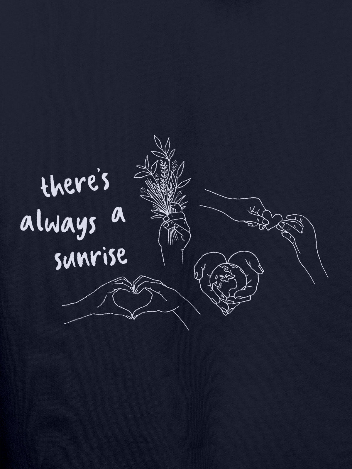 Close up of 'There's Always a Sunrise' design on Women's Navy Blue Hoodie Sweatshirt, highlighting intricate details and vibrant print.