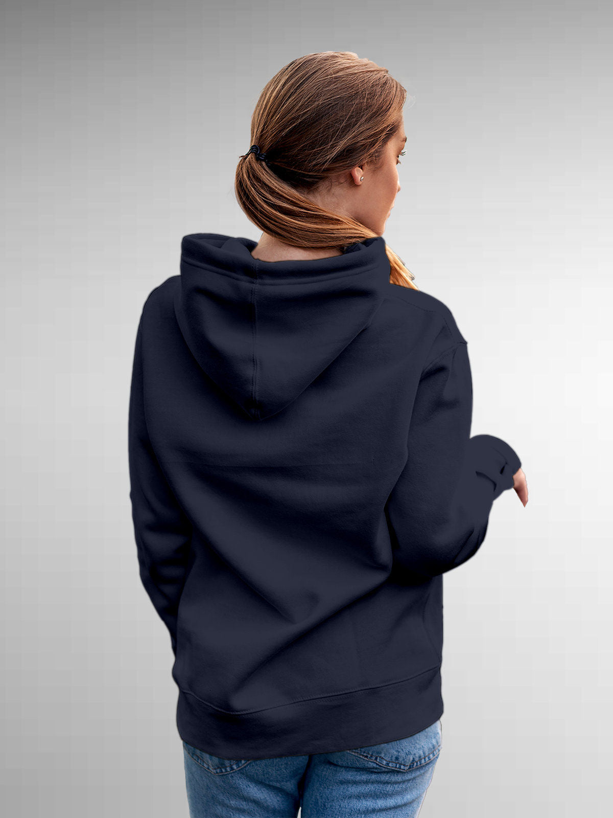 Back view of Fighterhero Women's Navy Blue Hoodie Sweatshirt, highlighting the modern look and clean finish