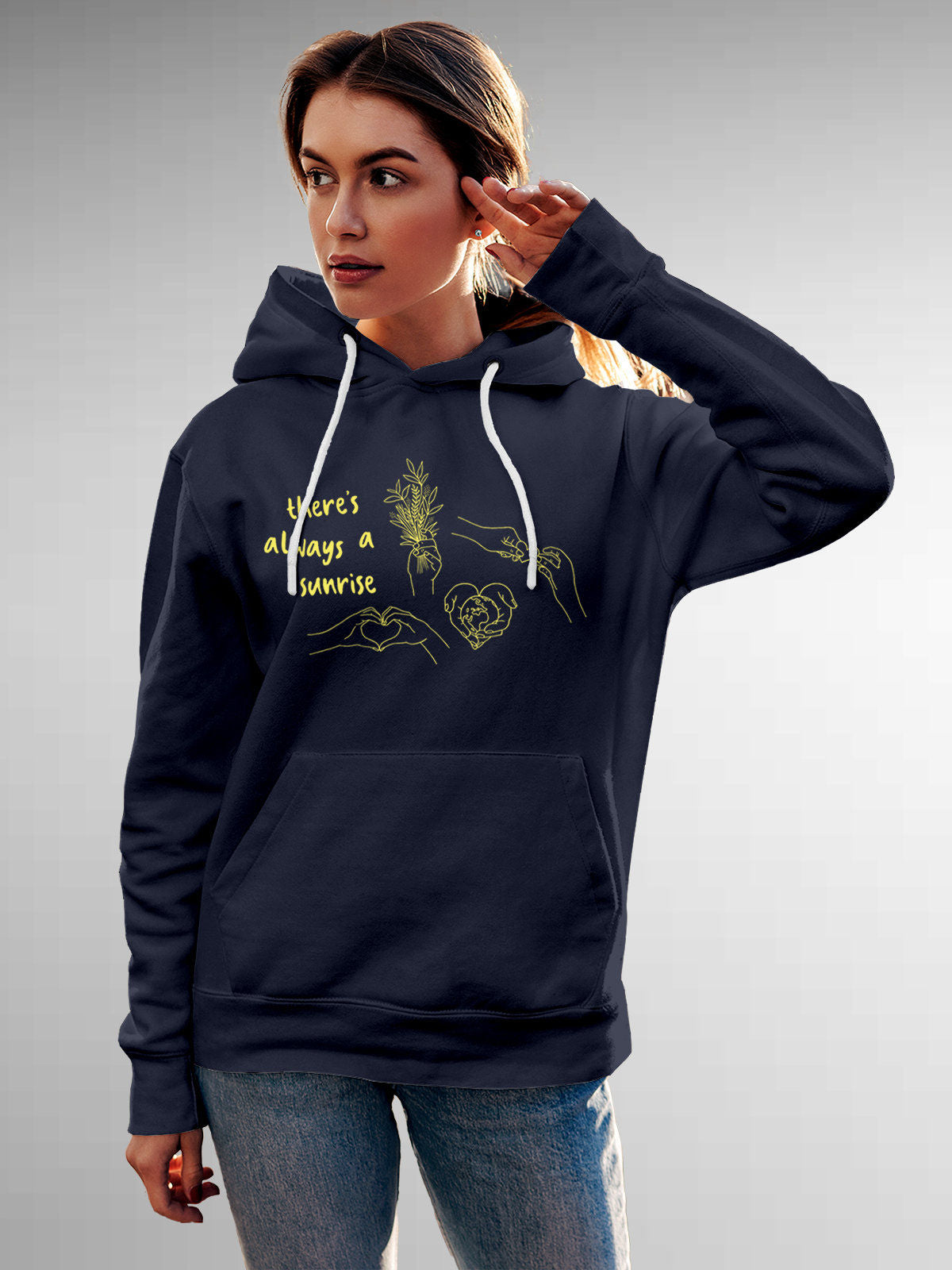 Model wearing Women's Navy Blue Hoodie Sweatshirt with 'There's Always a Sunrise' design, offering effortless style and premium comfort