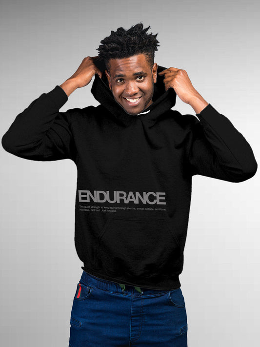 Model wearing Men's Black Hoodie Sweatshirt with 'Endurance' design, offering effortless style and premium comfort