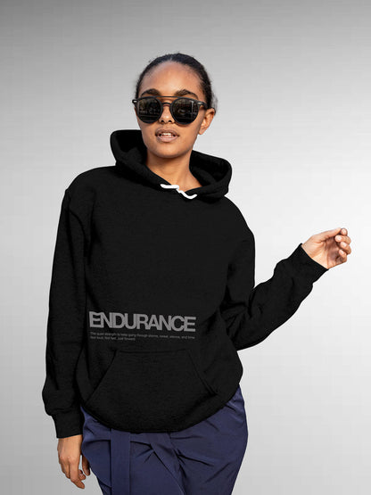 Model wearing Women's Black Hoodie Sweatshirt with 'Endurance' design, offering effortless style and premium comfort