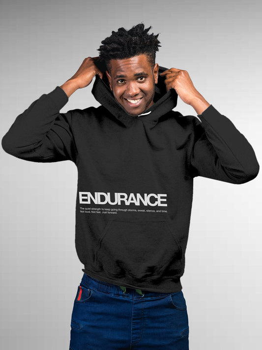 Model wearing Men's Dark Grey Hoodie Sweatshirt with 'Endurance' design, offering effortless style and premium comfort