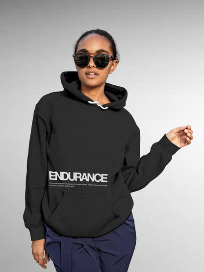 Model wearing Women's Dark Grey Hoodie Sweatshirt with 'Endurance' design, offering effortless style and premium comfort