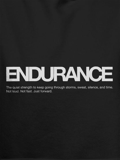 Close up of 'Endurance' design on Women's Dark Grey Hoodie Sweatshirt, highlighting intricate details and vibrant print.