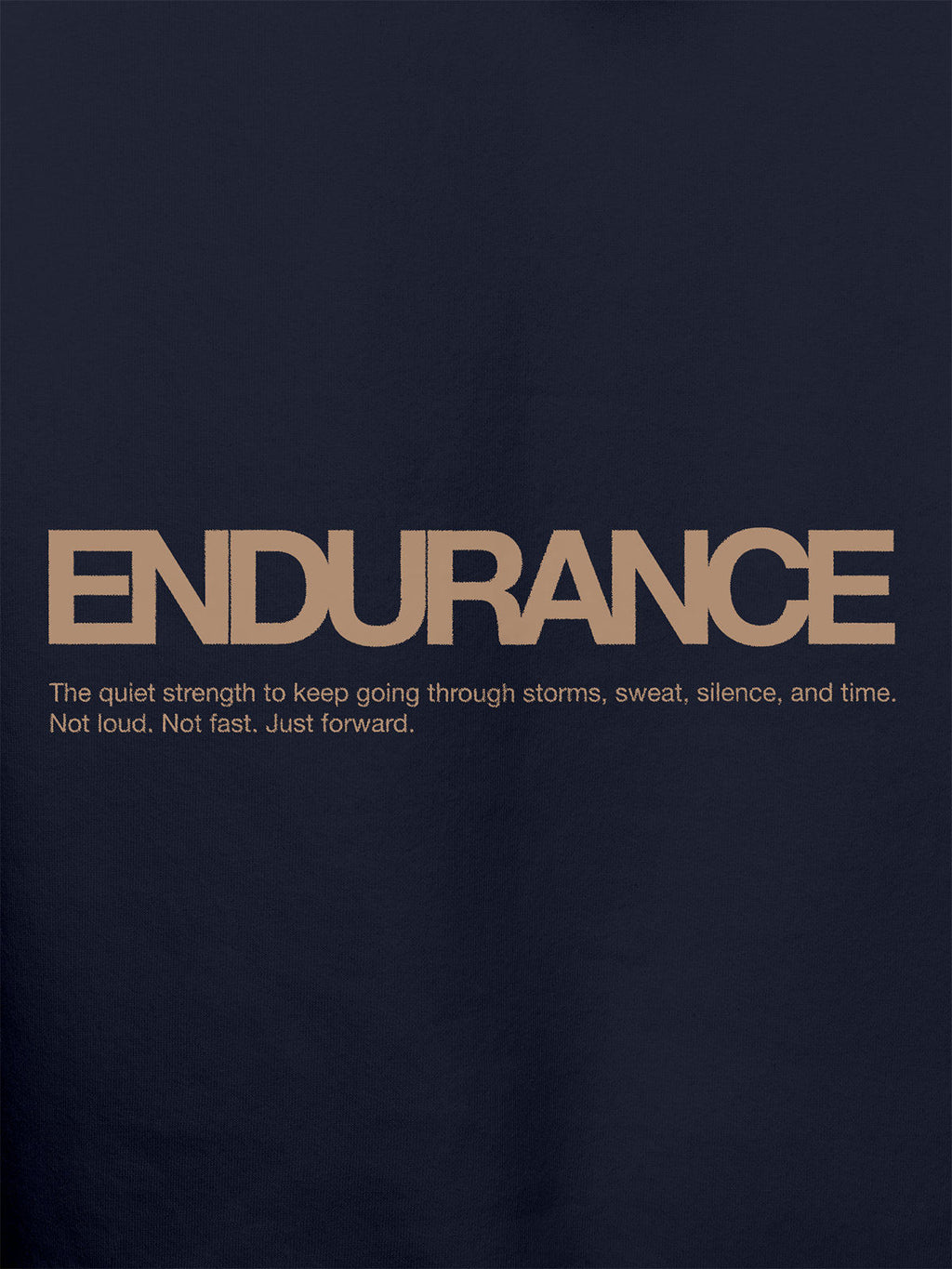 Close up of 'Endurance' design on Men's Navy Blue Hoodie Sweatshirt, highlighting intricate details and vibrant print.