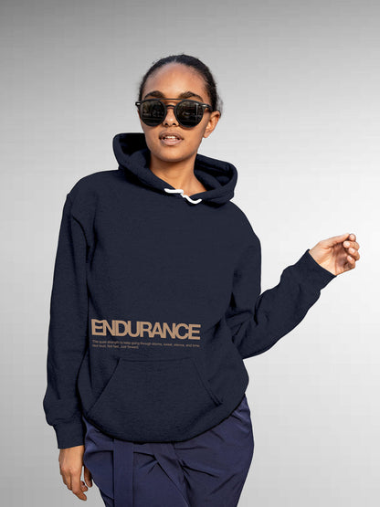 Model wearing Women's Navy Blue Hoodie Sweatshirt with 'Endurance' design, offering effortless style and premium comfort