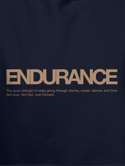Close up of 'Endurance' design on Women's Navy Blue Hoodie Sweatshirt, highlighting intricate details and vibrant print.