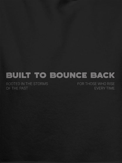Close up of 'Built To Bounce Back' design on Men's Dark Grey Hoodie Sweatshirt, highlighting intricate details and vibrant print.