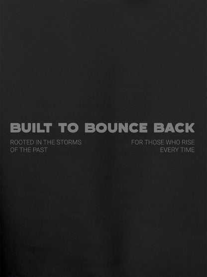 Close up of 'Built To Bounce Back' design on Women's Dark Grey Hoodie Sweatshirt, highlighting intricate details and vibrant print.