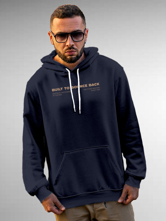 Model wearing Men's Navy Blue Hoodie Sweatshirt with 'Built To Bounce Back' design, offering effortless style and premium comfort