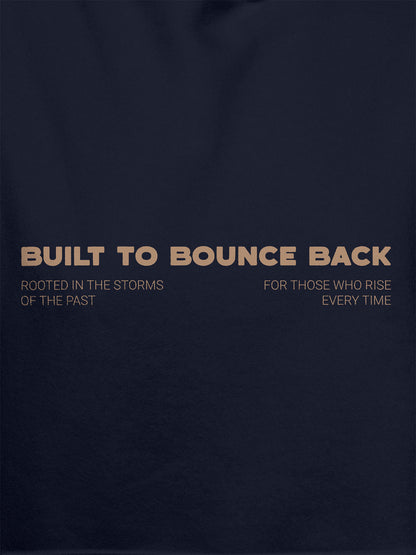 Close up of 'Built To Bounce Back' design on Men's Navy Blue Hoodie Sweatshirt, highlighting intricate details and vibrant print.