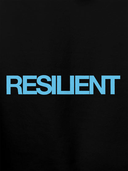 Close up of 'Resilient' design on Men's Black Hoodie Sweatshirt, highlighting intricate details and vibrant print.
