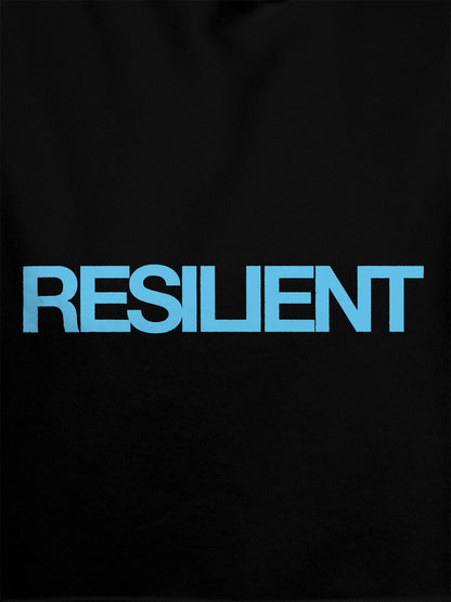 Close up of 'Resilient' design on Women's Black Hoodie Sweatshirt, highlighting intricate details and vibrant print.